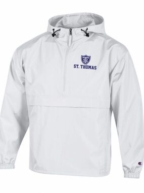 NWOT Champion White Hooded Pullover Water Resistant - St. Thomas College